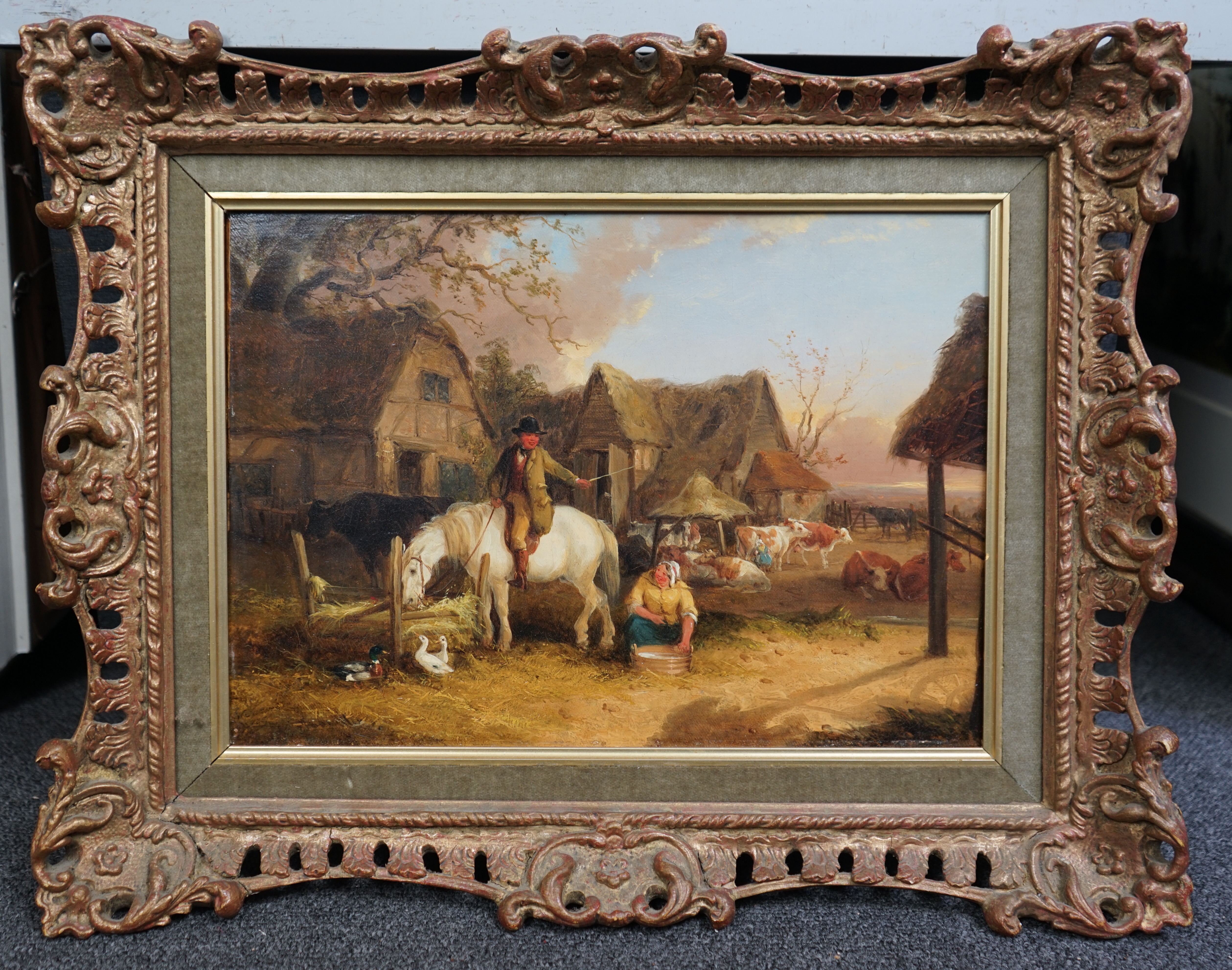 Circle of Thomas Smythe (1825-1907), oil on canvas, Figures in a farmyard, 25 x 35cm
